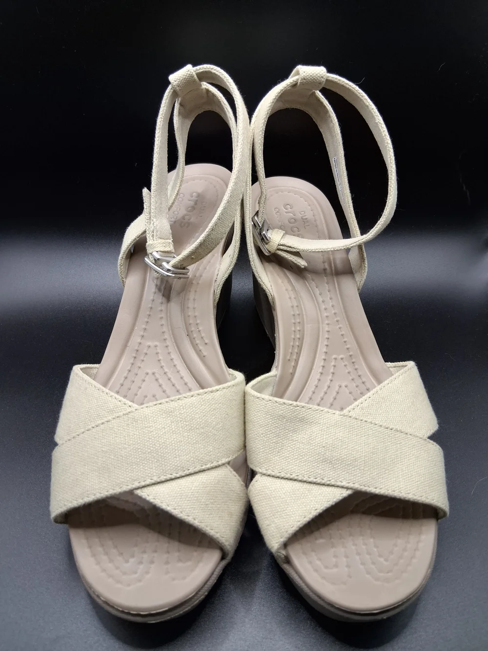 CROCS Cream Canvas Wedge Sandals with Ankle Strap - Picture 8 of 11